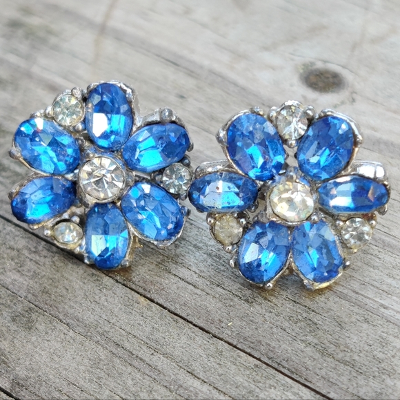 Vintage Bogoff blue and white rhin stone earrings - Picture 2 of 8